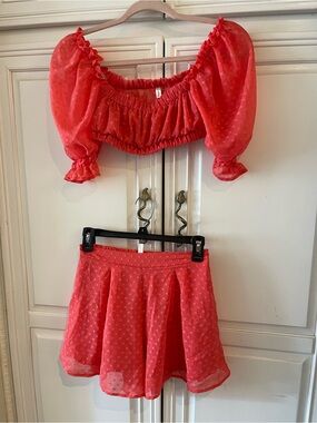 Lucy in the Sky Coral Pink Dot-Textured Two-Piece Set